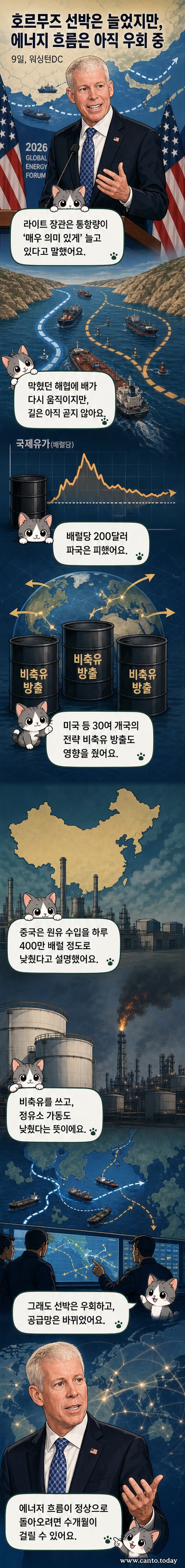 미국 에너지 장관이 호르무즈 해협 통과 선박 증가에 대해 설명하는 기자회견 장면