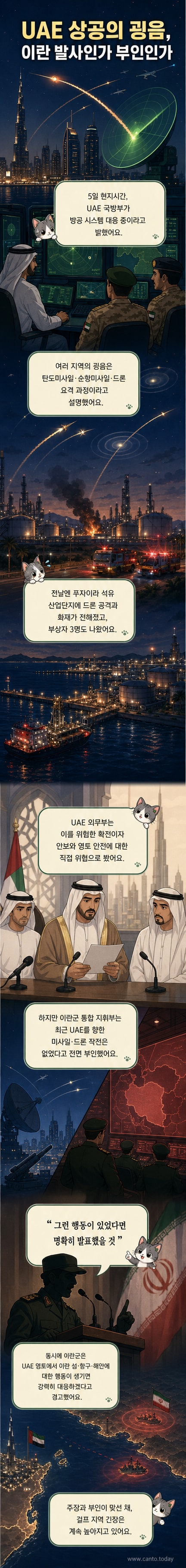 UAE 국방부가 이란발 미사일과 드론 공격을 요격 중이라고 발표한 뉴스를 바탕으로, 중동 지역 지도 위에 미사일 궤적과 방공망 작동을 시각화한 커버 이미지