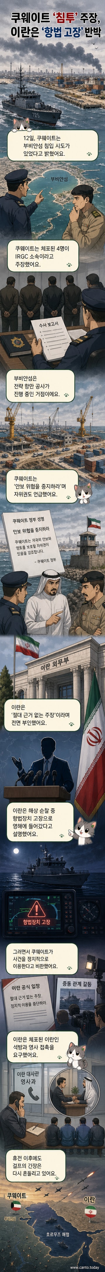 중동 해상에서 군사적 긴장을 암시하는 지도와 함께 대치하는 쿠웨이트와 이란의 국기