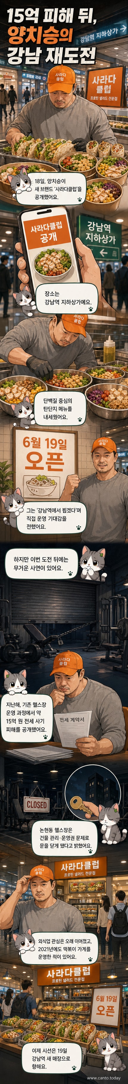 양치승이 운영하는 강남역 지하상가의 '사라다클럽' 외부 모습과 단백질 샐러드 메뉴가 진열된 내부
