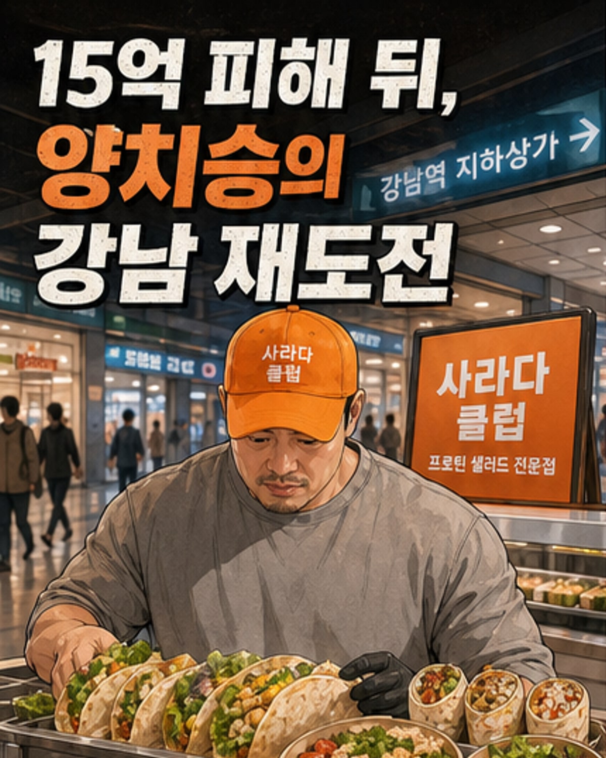 양치승이 운영하는 강남역 지하상가의 '사라다클럽' 외부 모습과 단백질 샐러드 메뉴가 진열된 내부