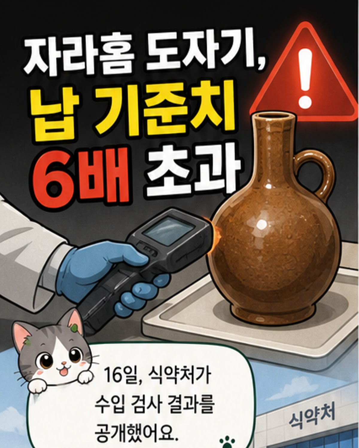 자라홈의 갈색호리병 도자기 제품과 식약처 검사 결과를 보여주는 이미지