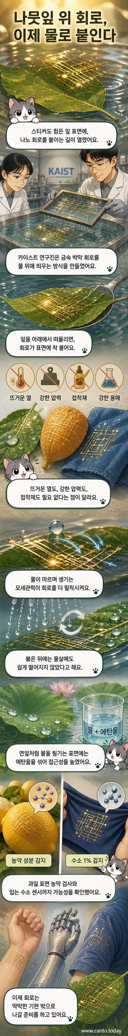 물 위에 떠 있는 나노 회로를 국자로 퍼 올려 나뭇잎에 붙이는 시각화 이미지