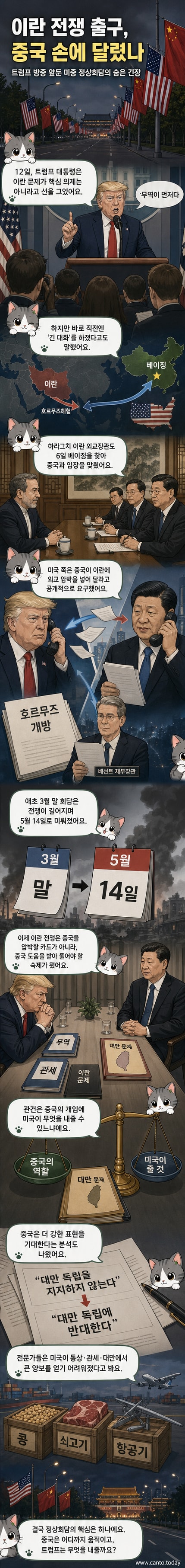 베이징 거리에 게양된 미국과 중국 국기를 배경으로 트럼프와 시진핑의 실루엣이 정상회담을 준비하는 장면