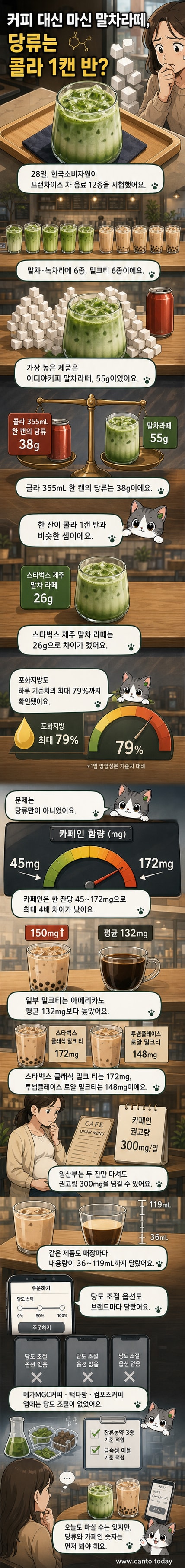 프랜차이즈 카페에서 판매하는 말차라떼와 밀크티 여러 잔이 나란히 놓여 있고, 각각의 당류와 카페인 함량이 콜라와 아메리카노와 비교되어 표시되어 있음