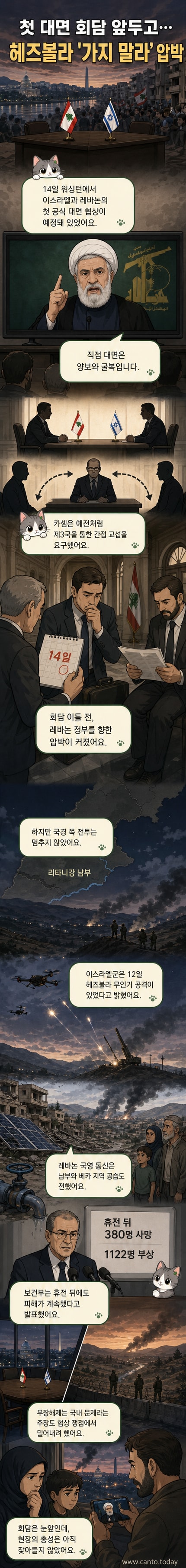 헤즈볼라 지도자 나임 카셈이 TV 연설 중인 모습과 레바논-이스라엘 국경 지역의 군사 긴장 상황을 배경으로 한 일러스트