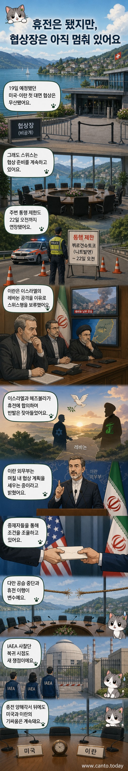 스위스 뷔르겐슈토크에서 미국과 이란의 무기력 협상이 무산된 후, 이스라엘과 헤즈볼라의 휴전으로 새로운 기회가 생긴 상황을 보여주는 시각 자료