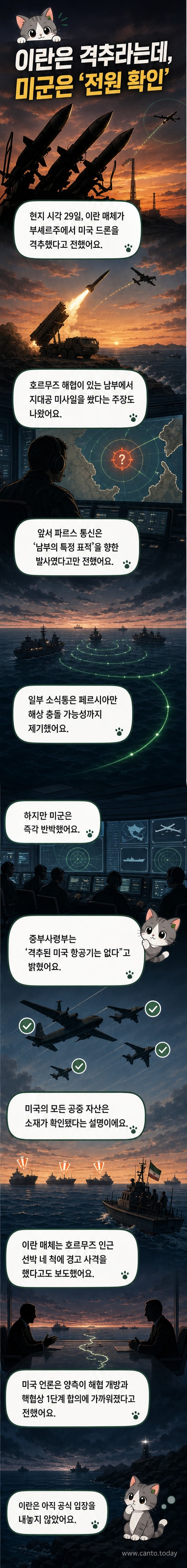 호르무즈 해협 위성 지도 위로 미군 드론과 이란 군함이 대치하는 시각화 이미지