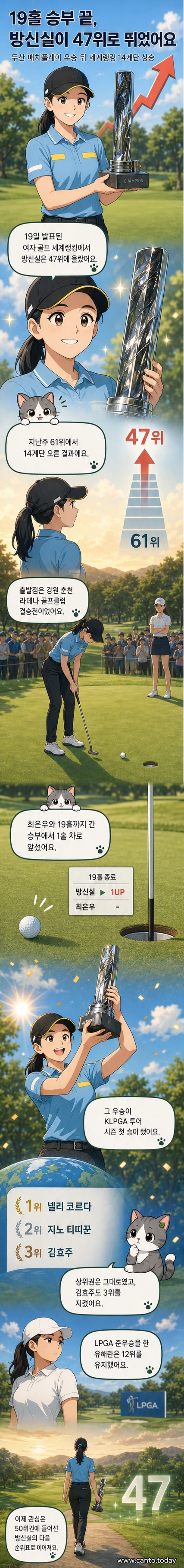골프 코스에서 우승 트로피를 들고 웃는 방신실의 모습. 배경에는 KLPGA 로고와 스폰서 배너가 보입니다.