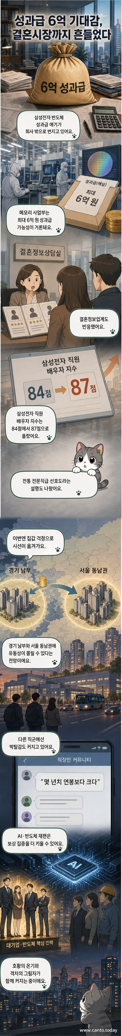 삼성전자와 SK하이닉스 로고가 배치된 가운데, 결혼 정보 카드와 집값 상승 그래프가 함께 나타나는 일러스트