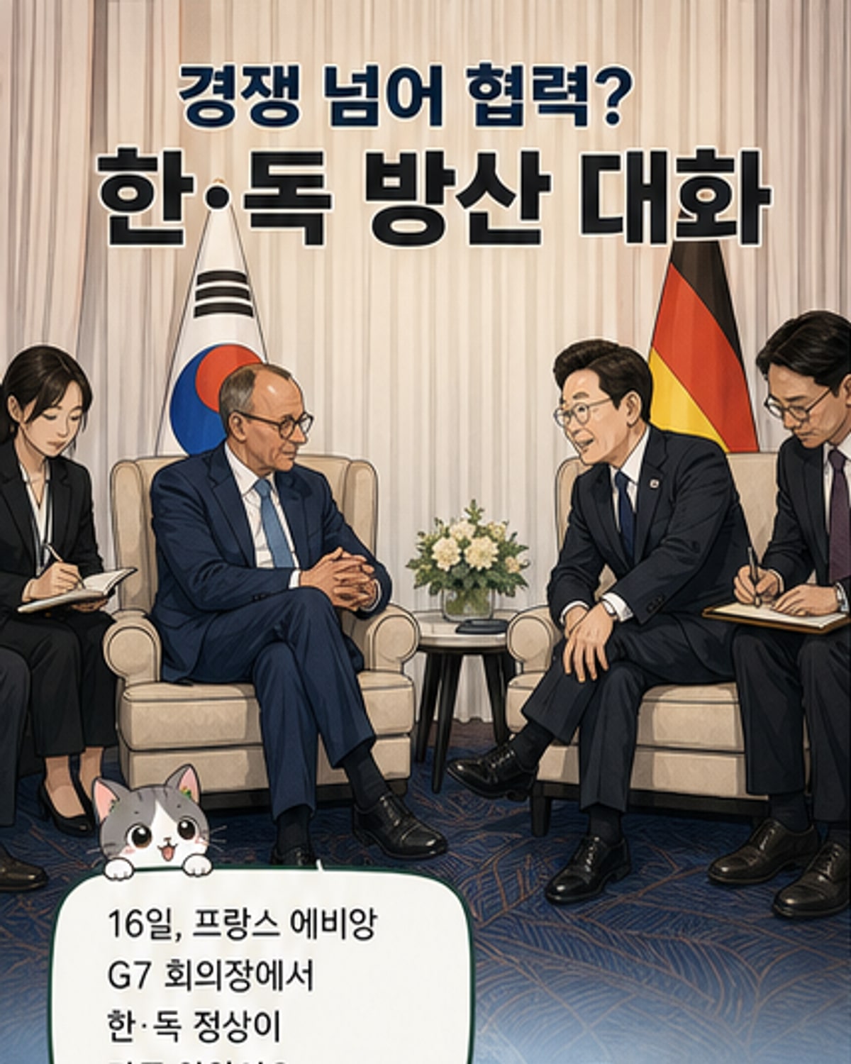 이재명 대통령과 프리드리히 메르츠 독일 총리가 프랑스 에비앙에서 열린 G7 정상회의 계기 양자 회담 중 악수를 나누고 있다.