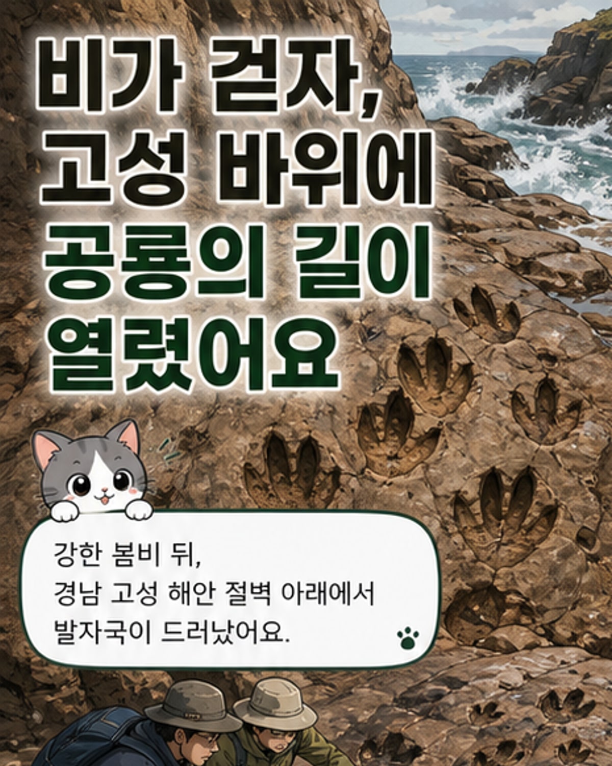 경남 고성 해안에서 발견된 수백 개의 공룡 발자국이 암반 위에 줄지어 있는 모습. 육식과 초식 공룡의 발자국이 서로 다른 방향으로 교차되어 있다.