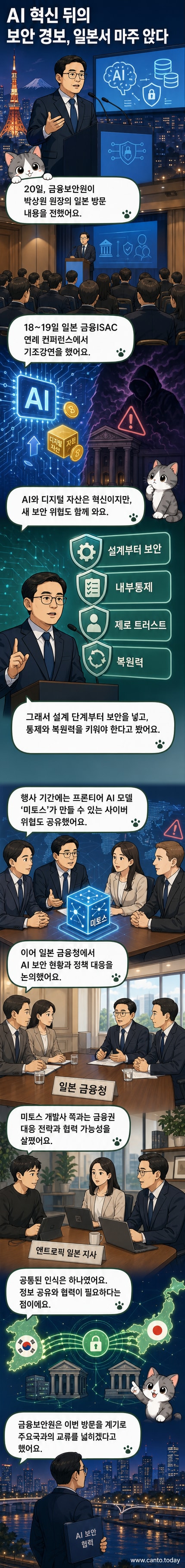 한국과 일본 금융 보안 관계자들이 AI 사이버 보안 협력을 위해 회의하는 모습을 상징적으로 묘사한 일러스트.