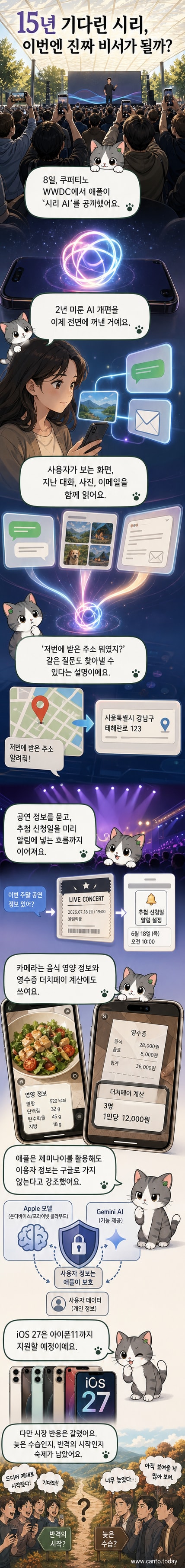 애플파크에서 열린 WWDC 무대 위에 선 팀 쿡 CEO가 시리 AI를 소개하고 있다. 배경에는 'Siri AI' 로고와 새로운 기능을 보여주는 대형 스크린이 있다.