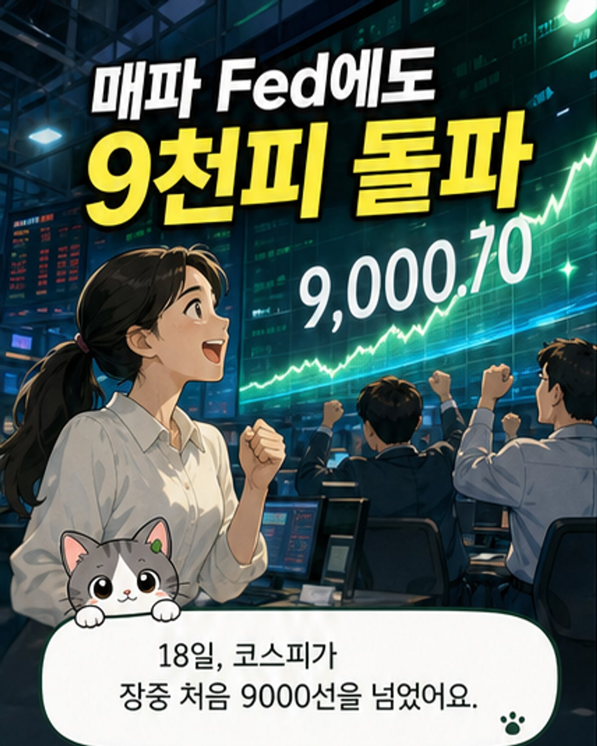 서울 하나은행 본점 딜링룸 전광판에 코스피지수가 9000선을 돌파한 모습이 표시되어 있다.