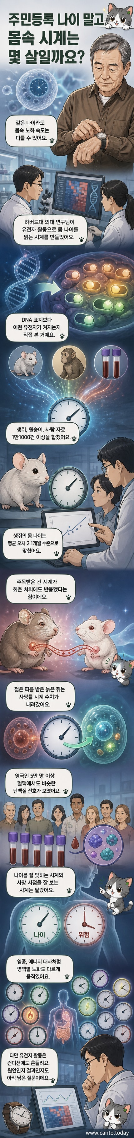 세포 속 유전자 활동을 분석해 생물학적 나이를 측정하는 시각화 이미지. DNA 나선과 시계, 노화 지표 그래프가 함께 나타남.