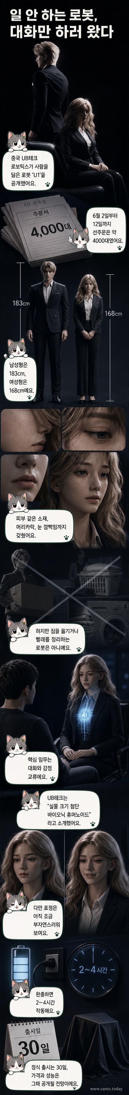 정장을 입고 서 있는 남성형과 여성형 인간형 로봇 U1이 대화하는 모습. 외형이 실제 인간과 매우 흡사함