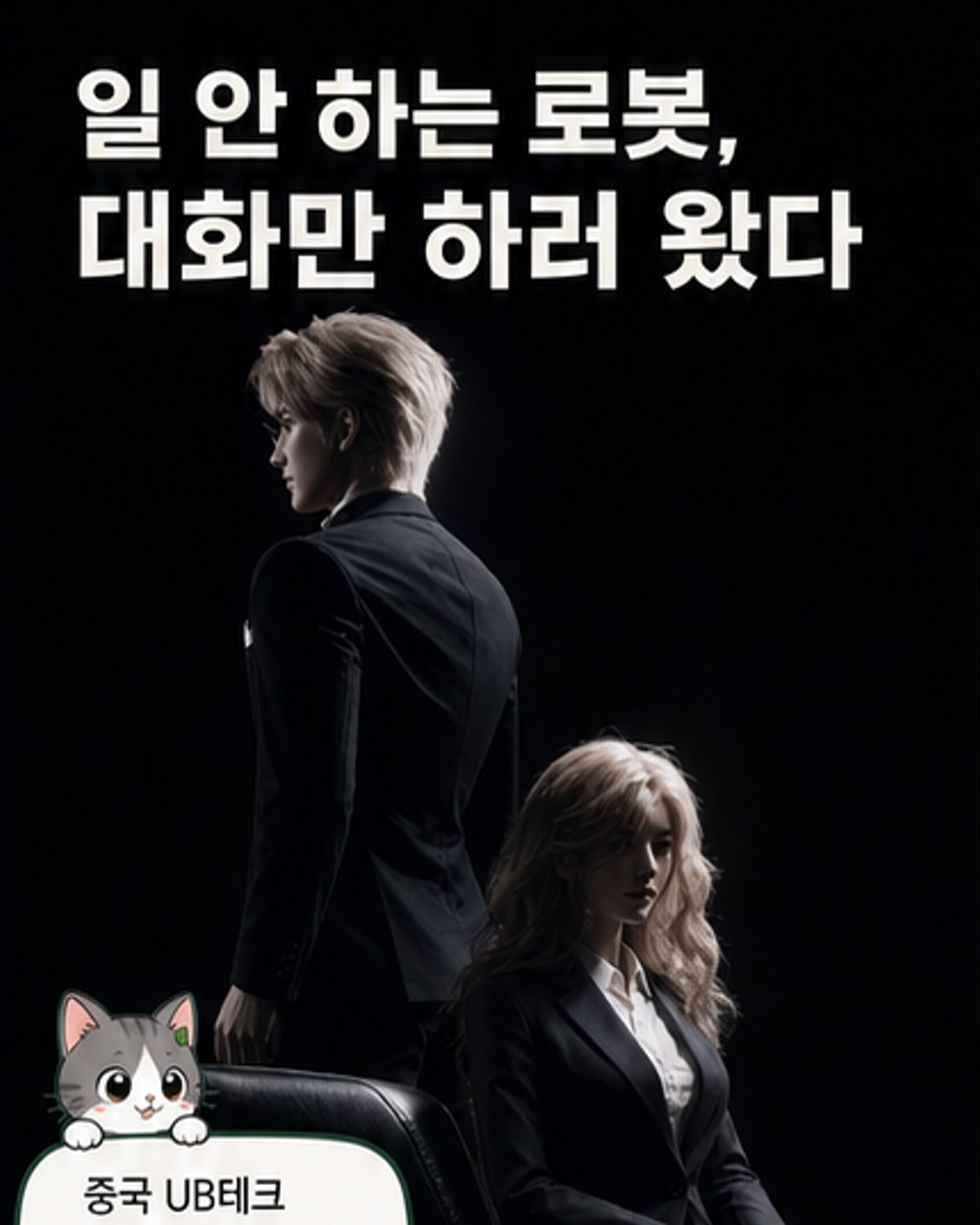 정장을 입고 서 있는 남성형과 여성형 인간형 로봇 U1이 대화하는 모습. 외형이 실제 인간과 매우 흡사함