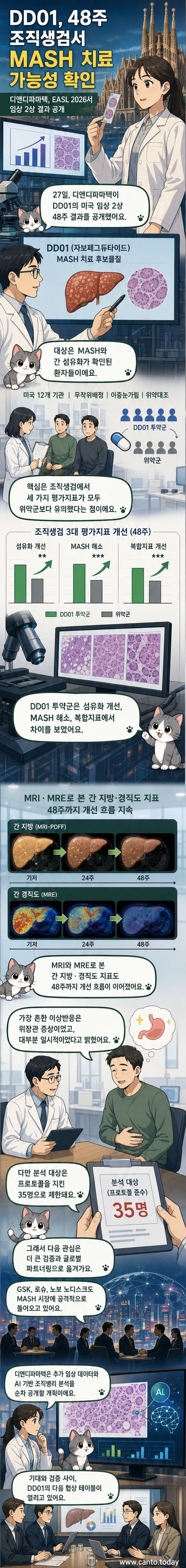 디앤디파마텍의 MASH 치료제 DD01이 미국 임상 2상에서 간 섬유화 개선과 MASH 해소에서 위약 대비 유의미한 효과를 보인 결과를 시각적으로 설명하는 커버 패널