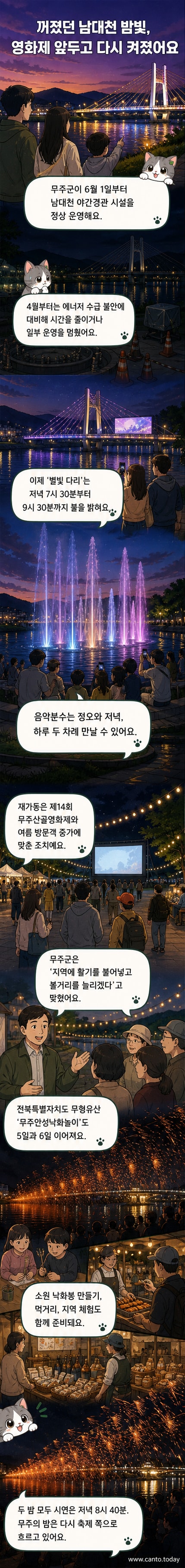 무주 남대천의 야간 조명과 음악분수가 정상 가동된 모습. 별빛 다리와 물줄기 위의 조명이 강변을 화려하게 밝히고 있다.