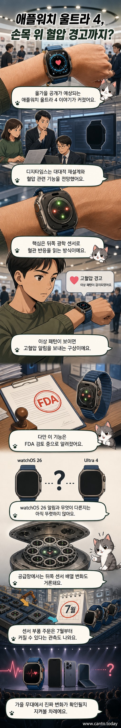새로워진 애플워치 울트라 4의 렌더링 이미지. 후면에 링 형태의 센서 배열이 강조되어 있고, 혈압 측정 기능이 도입된 것으로 표현됨
