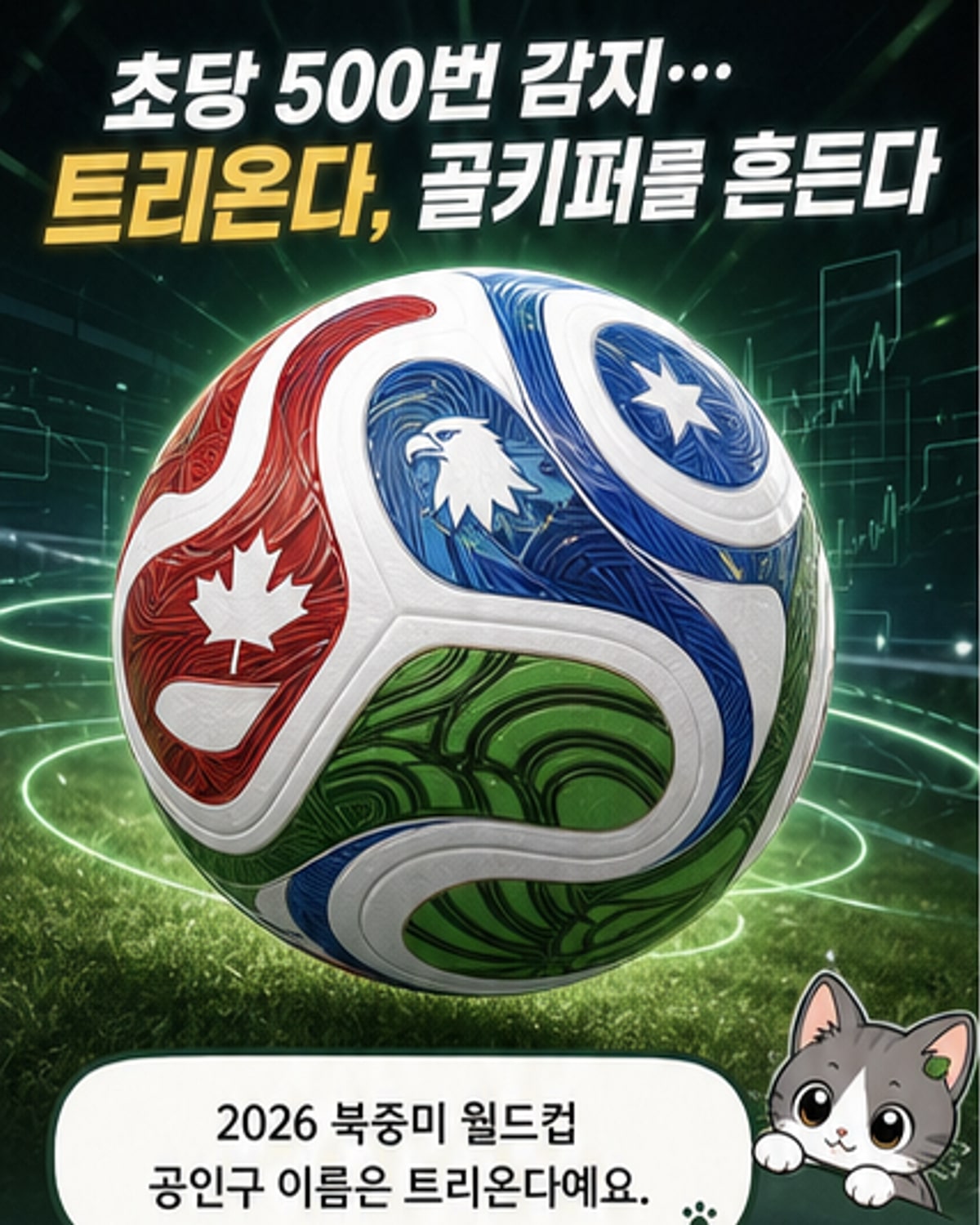2026 북중미 월드컵 공인구 '트리온다'가 경기장에서 날아가는 모습. 물결무늬 바탕에 캐나다 단풍잎, 멕시코 독수리, 미국의 별 문양이 새겨져 있다.