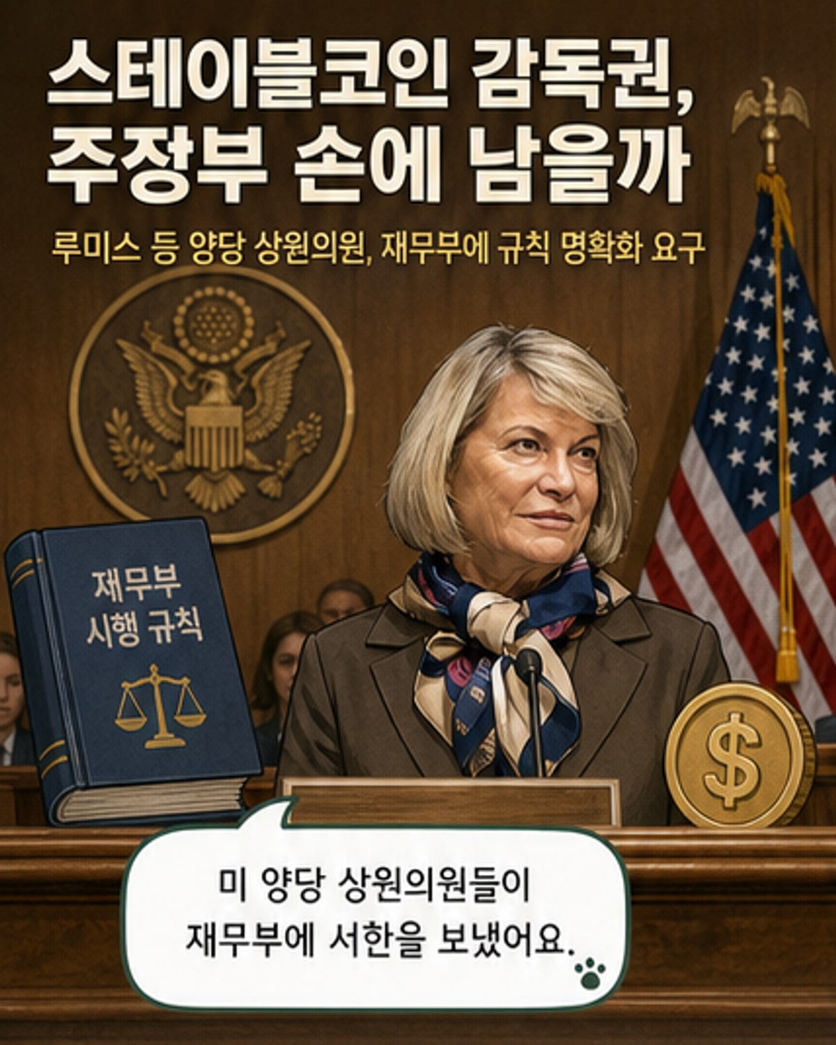 미국 국회의사당 앞에서 암호화폐 상징과 주 정부 로고가 함께 있는 일러스트