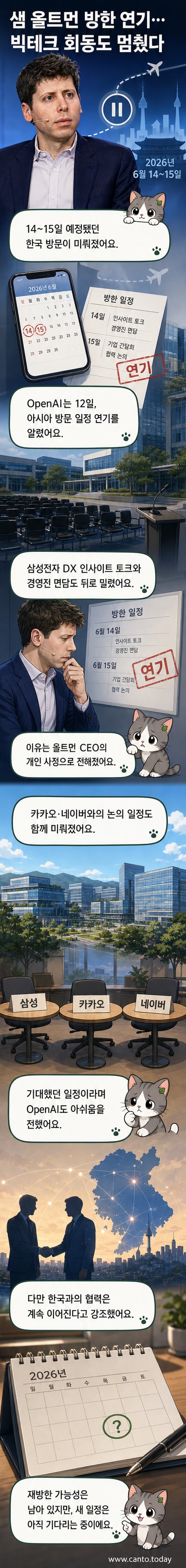 샘 올트먼 오픈AI CEO의 사진과 한국 지도가 배경으로 있는 웹툰 커버. '방한 연기'라는 텍스트가 강조됨.