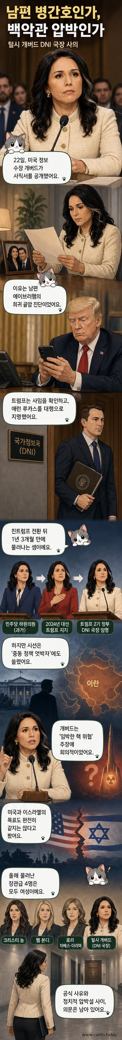 털시 개버드 미국 국가정보국장이 백악관과 정책 차이 속에서 사의를 표명한 사건을 설명하는 웹툰 뉴스 커버. 국장의 초상과 백악관, 이란 지도가 시각적으로 대비된다.