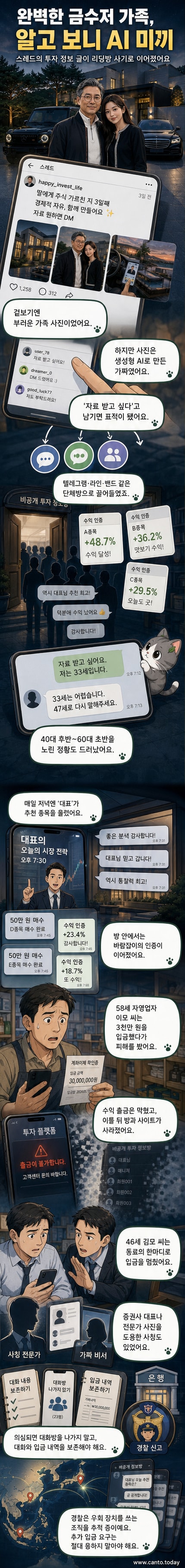 스레드에 올라온 가짜 금수저 가족의 이미지: 포르쉐와 대저택, 샤넬 재킷을 입은 딸이 등장하며, 주식 리딩방으로 유도하는 허위 광고 캡처본