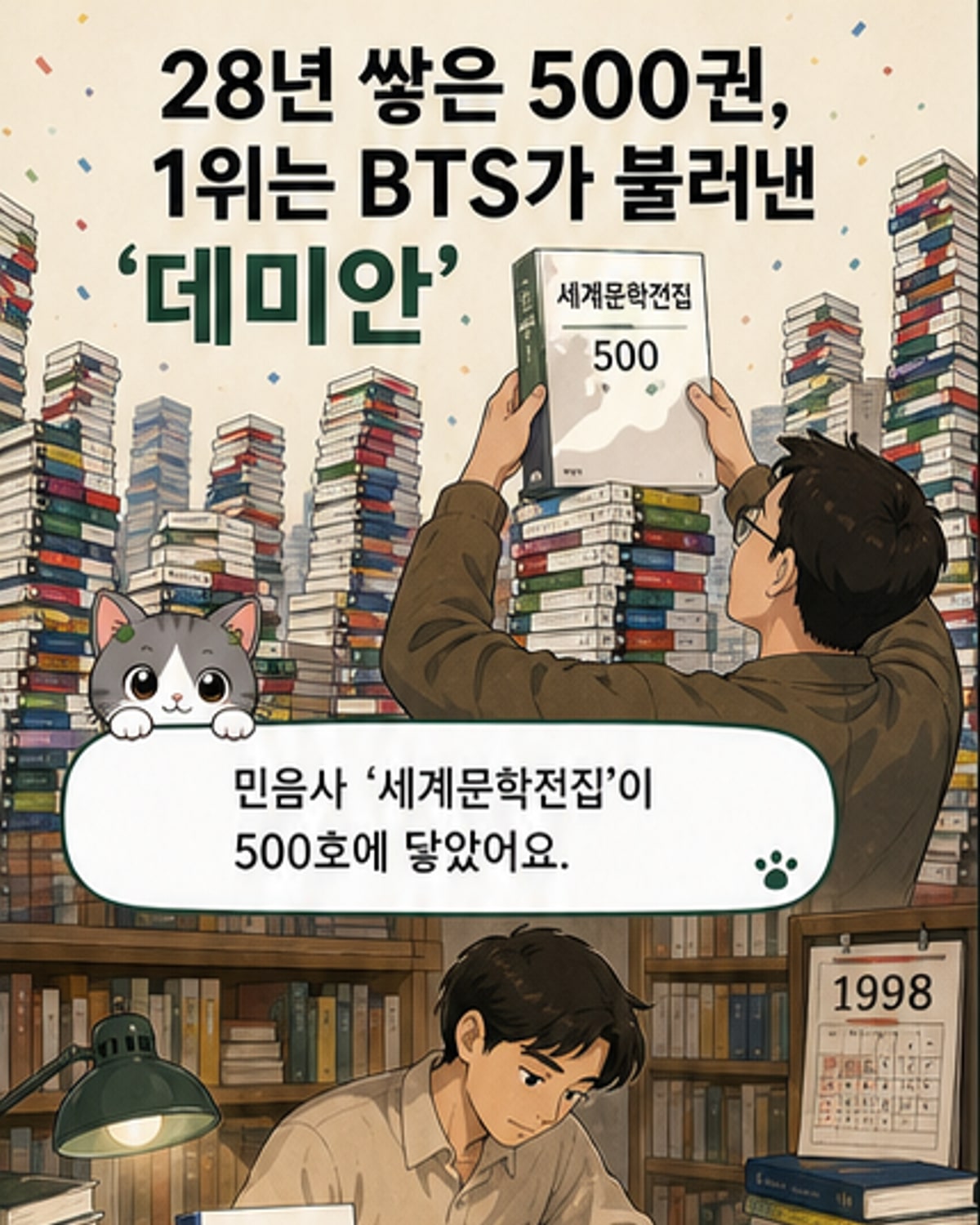 민음사 세계문학전집 500호 기념 이미지, 책 더미 위에 '데미안' 책 표지가 중심에 놓여 있고, BTS 로고가 옆에 은은하게 배치됨