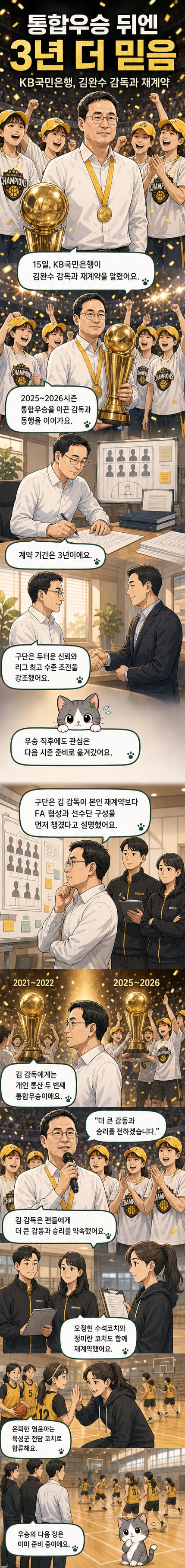 여자프로농구 KB국민은행의 김완수 감독이 우승 트로피를 들고 웃는 모습. 배경에는 팀 동료들과 팬들이 환호하고 있다.