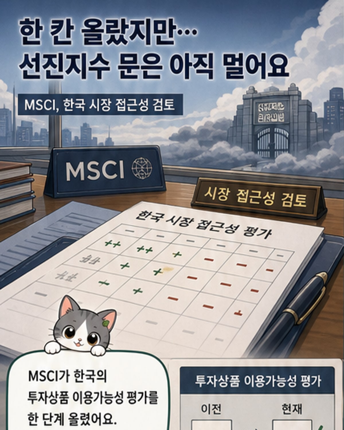 한국 국기와 MSCI 로고가 나란히 있고, 그래프 위에 '시장 접근성 평가'라는 문구가 적힌 커버 이미지