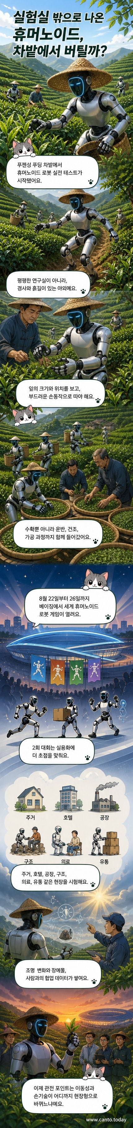 푸젠성의 가파른 차밭에서 찻잎을 수확하는 휴머노이드 로봇의 모습