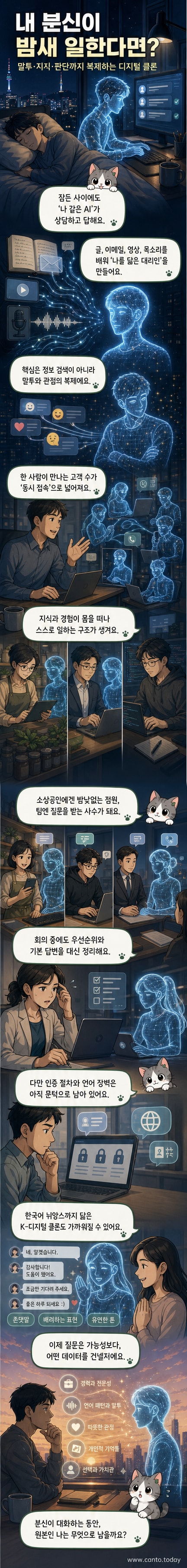 한 사람이 모니터 속 자신의 디지털 분신과 대화하는 사이언스 픽션 풍 일러스트