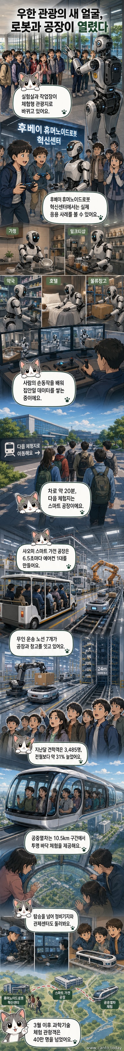 우한의 휴머노이드 로봇 훈련 센터에서 로봇이 주방 시나리오를 연습하고 있고, 배경에 관광객들이 지켜보는 장면.
