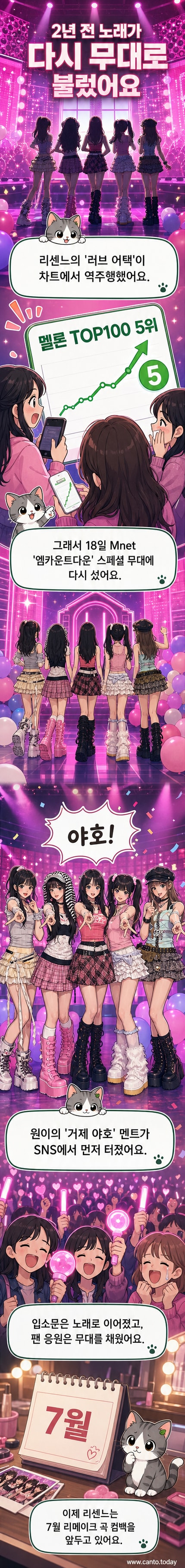 리센느가 갸루 스타일로 무대에 서 있는 모습. 멤버들이 밝은 표정으로 포즈를 취하고 있다.