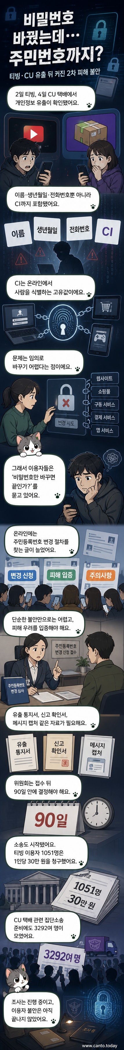 티빙과 CU 로고가 어두운 배경에 떠 있고, 주변에 해킹을 상징하는 붉은 자물쇠 해제 아이콘이 표시된 일러스트
