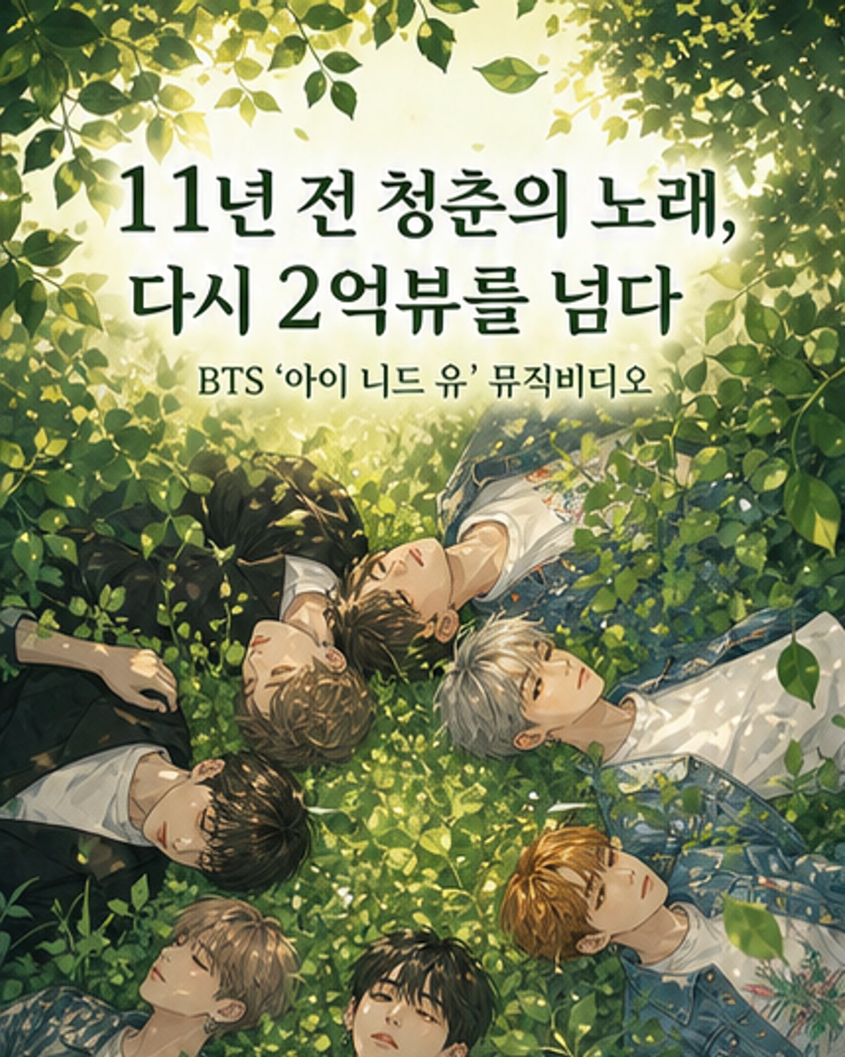 방탄소년단의 '아이 니드 유' 뮤직비디오 스틸컷. 일곱 멤버가 어두운 배경 속에서 감정을 담아낸 표정을 짓고 있다.