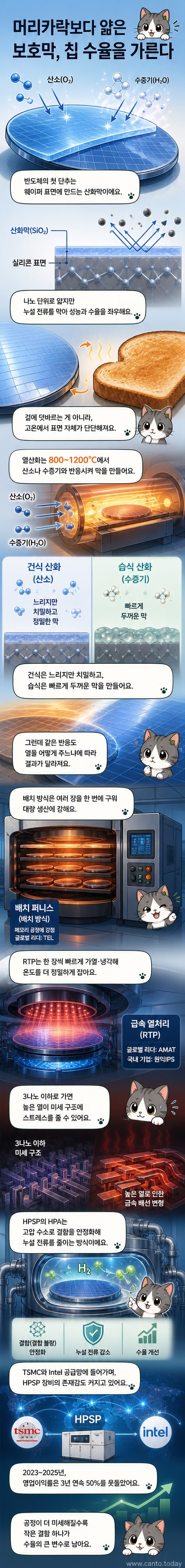 반도체 웨이퍼 위에 얇은 산화막이 형성되는 과정을 보여주는 일러스트. 고온의 산화로 안에서 웨이퍼가 처리되고 있으며, 나노 두께의 보호막이 코팅되는 시각적 표현.