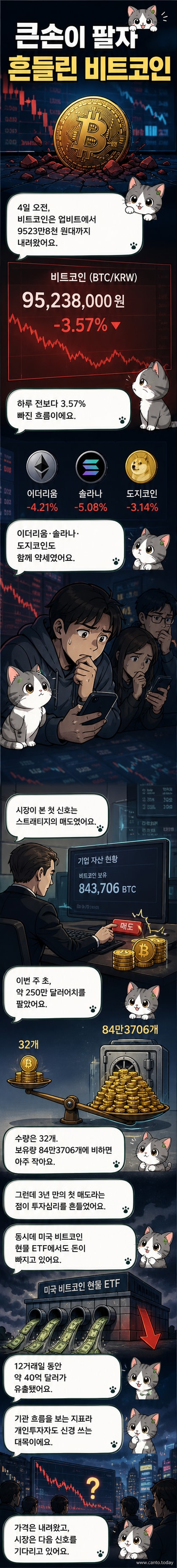 비트코인 그래픽과 함께 하락하는 가격 차트를 보여주는 커버 이미지