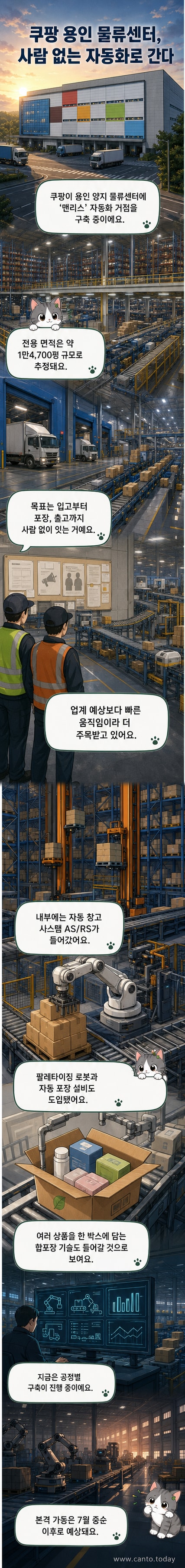 로봇이 상품을 운반하고 자동화 포장 설비가 작동하는 쿠팡의 무인 물류센터 내부 풍경