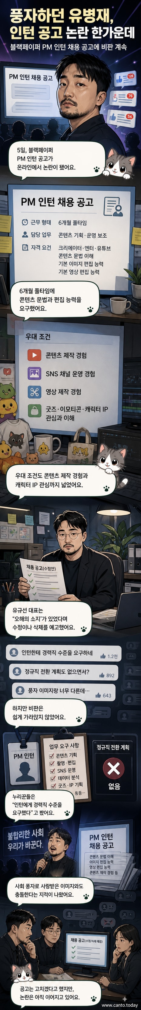 유병재가 청년 세대를 상징하는 캐릭터와 나란히 서 있지만, 뒤로는 채용 공고가 붙은 사무실이 어두운 분위기로 표현된 일러스트