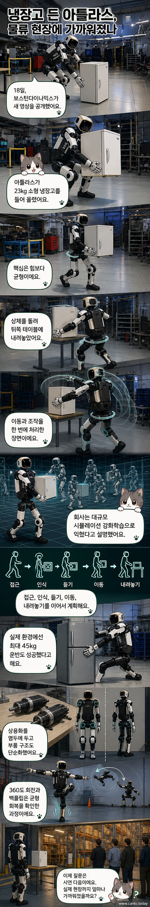 보스턴다이나믹스의 휴머노이드 로봇 아틀라스가 냉장고를 들고 균형을 잡으며 이동하는 모습