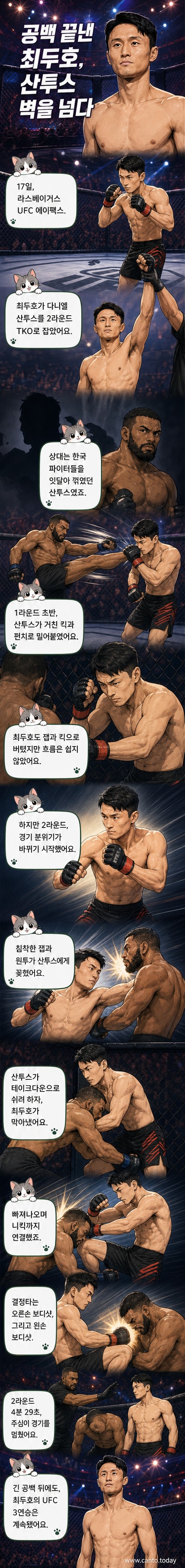 UFC 링에서 승리를 자축하는 최두호. 뒤로는 라스베이거스의 불빛이 보이고, 심판이 경기 종료를 선언한 직후의 장면.