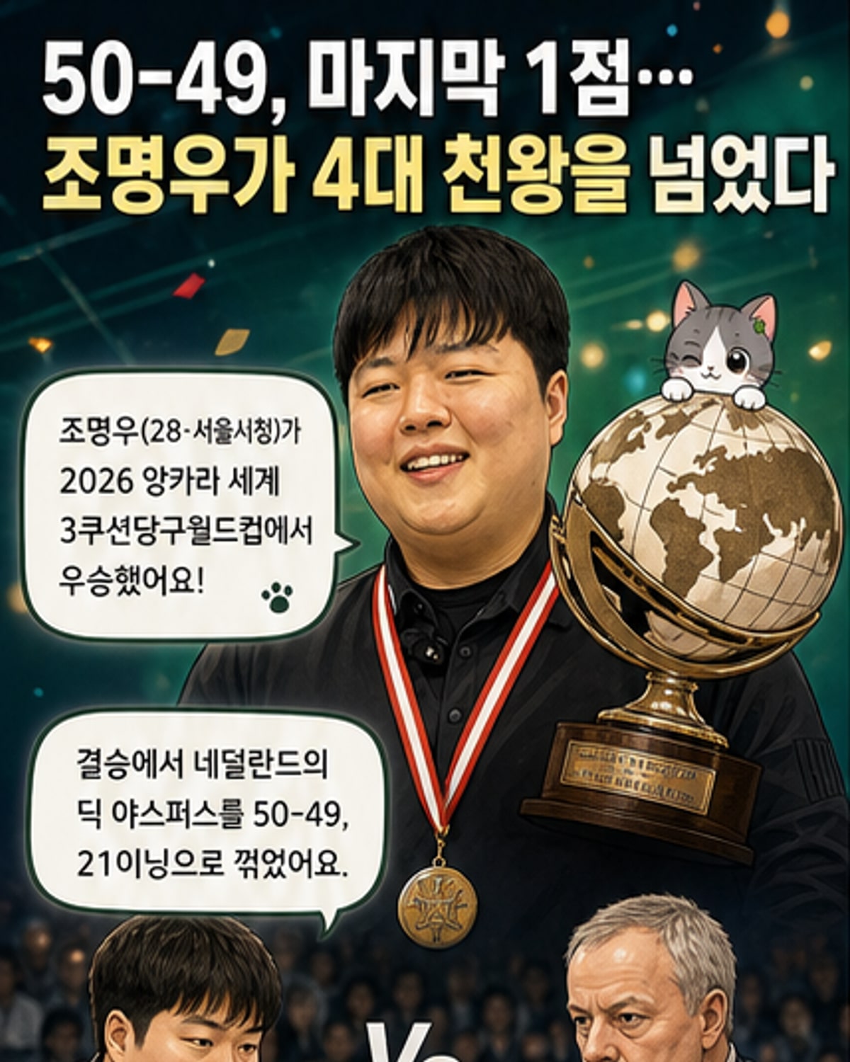 조명우 선수가 2026 앙카라 세계 3쿠션당구월드컵 우승 후 시상대에서 애국가를 들으며 가슴에 손을 얹고 있다.