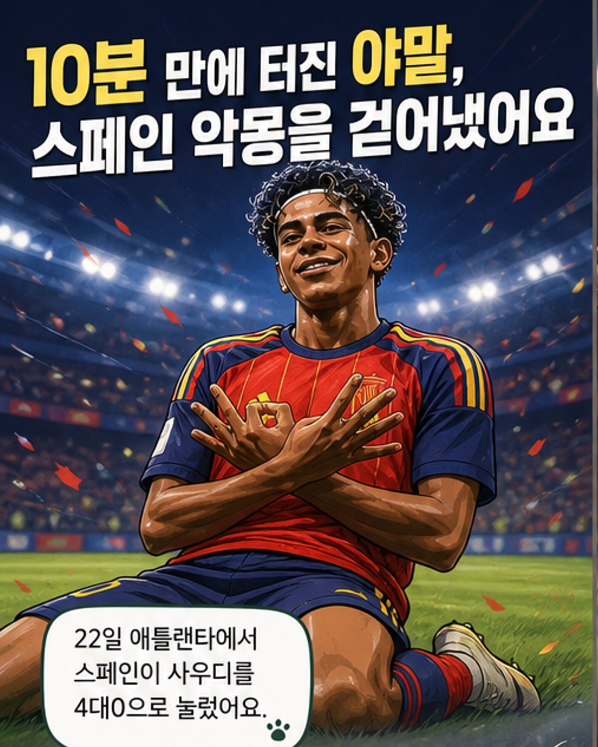 스페인의 라민 야말이 사우디전에서 월드컵 데뷔골을 넣고 세리머니를 하고 있다.