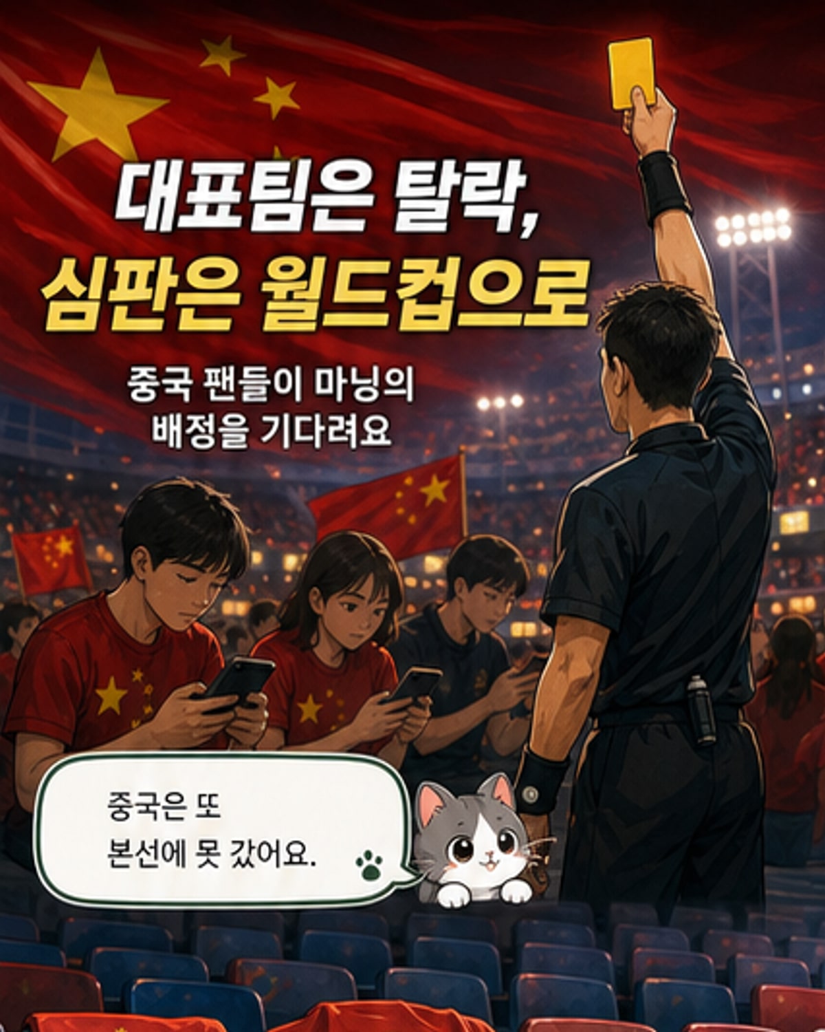 중국 국기를 배경으로 카드를 든 심판 마닝의 일러스트. 관중석에서는 중국 팬들이 응원하고 있다.