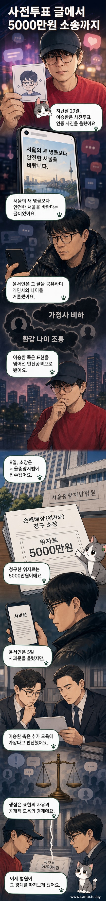 가수 이승환과 만화가 윤서인의 SNS 캡처 이미지가 나란히 배치된 가운데, 법정 모형이 중앙에 놓여 있는 일러스트