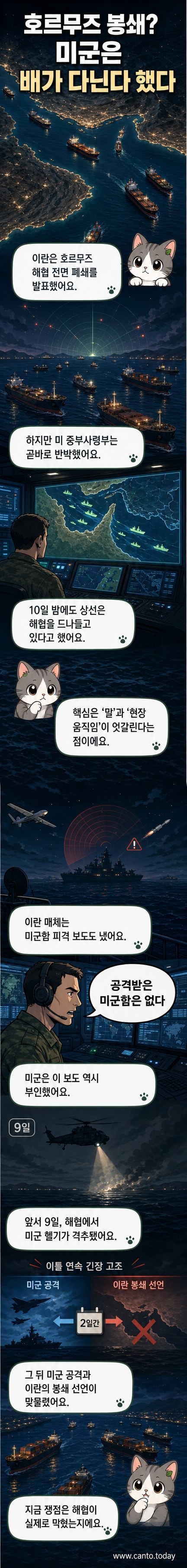 호르무즈 해협 위성 지도와 미군 함정, 상선의 통행을 나타내는 시각화 이미지